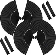 Decorative Hand Fan Foldable, 4PCS Black Bamboo Silk Fabric Folding Line Dance Popping Paper Fans Handheld Chinese Style Crafts for Wedding, Dancing, Party Favors DIY Decoration for Women