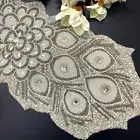 Handmade bead table runner, peacock design, White and silver, 13x36 inch