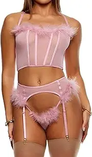 [ForPlay] Bare It All Mesh Marabou Bra and Garter Belt Lingerie Set - Mauve