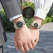 Two round digital dial elegant men and women Couples watch IPX7 waterproof grade Glow-in-light double calendar Monday/Sunday display alloy strap ideal gift for
