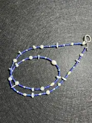 New 29” White Pearl, Shell, Necklace with Blue Seed Beads. Gift Is Beautiful Art