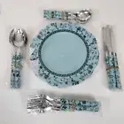 Blue Black Floral 20 pc Melamine Lunch Plates+1810 Forks,Spoons,Knives KIDS CAMP