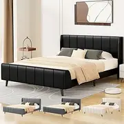 ALFORDSON Bed Frame Base Queen Size with Headboard, Bed Platform Foundation with PU Leather Upholstered for Mattress Topper, HUNDOLF Series Black