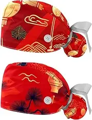 [YTYVAGT] 2-Pc,Nurse Scrub Caps,Scrub Hats with Buttons and Cotton Sweatband,Chinese Traditional Decoration Patterns