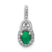 14k White Gold Halo Real Diamond and Cabochon Emerald Pendant