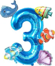40 Inch Blue Number 3 Birthday Balloons with Mini Sea Animals Balloon Shark Whal