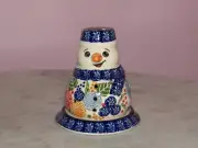 Polish Pottery Snowman Tea Light! UNIKAT Signataure Paper Lantern Pattern!