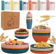Straw Dinnerware Set, 60Pcs Microwave Safe Plastic Wheat Straw Plates and Bowls Sets, Unbreakable Dinnerware Sets, Knives Forks Spoons and Chopsticks for Camping Party Kitchen