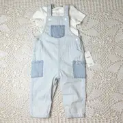 NWT M&S Baby Boy 12-18 Months Retro Blue Striped Cargo Overalls Bodysuit Set