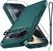 [RMOCR] Case for Google Pixel 9 Pro XL, Full Body Heavy Duty Rugged Shockproof Protective Phone Cover with Lanyard Strap, Tempered Glass Screen Protector and Camera Lens Cover, Dark Green