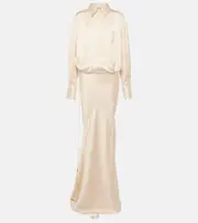[The Attico] The Attico Feather-trimmed satin gown AU 6 white