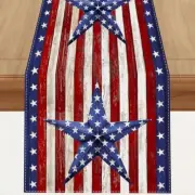 Linen Watercolor Red White and Blue American Flag Stars Table Runner 72 Inches L