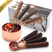 Gold Measuring Cups & Spoons Set, Rose Gold, Stainless Steel with Wood Handles