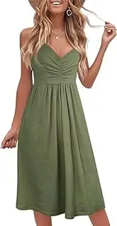 [Generic] Women Casual Tiered Mini Dresses Spaghetti Strap V Neck Backless A Line Swing Short Dress with Pockets