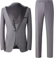[Jonwelsy] Men's Suit 3-Piece Slim Fit Wedding Tuxedo Double Breasted Vest Pant Set Peak Lapel One Button Blazer Jacket