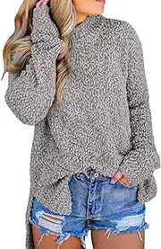 [FISACE] Womens Sherpa Fleece Fuzzy Long Sleeve Side Slit Cable Knitted Pullover Sweater Jumper