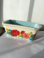 Pioneer Woman blue Mini Ceramic Loaf Pan New Red Sweet Rose 6.5” bake ware