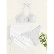 Set: Halter Plain Bikini Top + Bikini Bottom + Drawstring Cover Up White - L