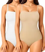 [Irisnaya] 2-Pack Shapewear Bodysuits for Women Tummy Control - Square Neck Body Suit Cami Body Shaper Going out Tops