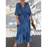 Women's Chiffon Dress Maxi Dress Chiffon Ruffle Layered Party Wedding Guest Elegant Formal V Neck Half Sleeve Pink Navy Blue Blue Color