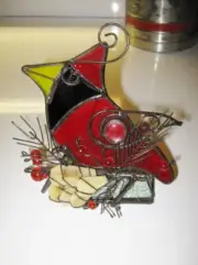 Christmas Red Cardinal Bird Stained Glass Wire Art Sculpture Votiv Candle Holder
