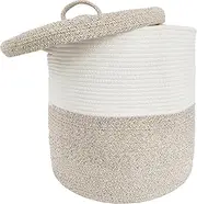 Large Laundry Hamper, Laundry Hamper for Toys, XICEN Tall Woven Laundry Basket for Clothes, Blanket Storage Basket for Living Room, 45cm * 40cm (Beige/White with Lid)