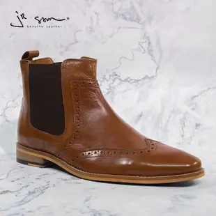 【jR SAM-真皮手工皮鞋 雀兒喜雕花紳士馬靴小方頭款 Chelsea Boots】【橡膠底】