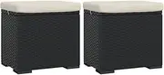 vidaXL Outdoor Ottomans Set of 2 with Cushions - Durable Poly Rattan Footrest in Black - Weather-Resistant, Easy to Clean, Comfortable Cushioned Seating