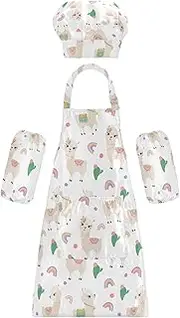 AIXIWAWA Kids Apron Chef Hat Set, Child Kitchen Bib Aprons Adjustable for Cooking Baking Painting (Cute Cacti Llamas)