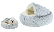 Pet Dog Cat Calming Bed Plush Cushioned Hooded Pet Bed Warm Soft Plush Round Nest Sleeping Kennel Cave-Gray