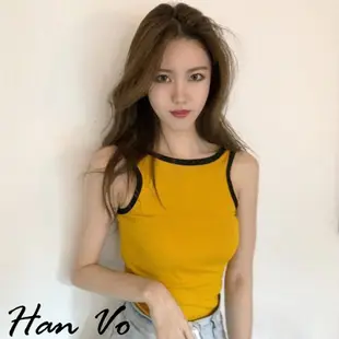 【HanVo】韓版性感露肩滾邊背心 韓系日系現貨背心女裝背心小可愛挖背性感 1081