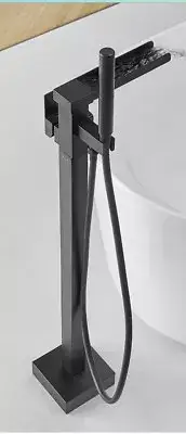 BESy Freestanding Bathtub Faucet Waterfall Filler Matte Black Floor Mount + Hand