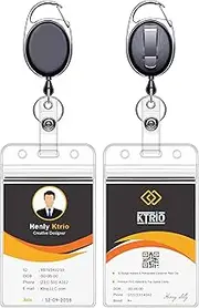 KTRIO ID Badge Holders with Metal Clip and Keyring - Vertical Clear Plastic ID Card Holders (2.5" x 3.4") - Retractable 24" Pull Cord for Office, School, 2 Pack