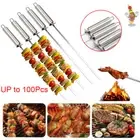 1-100X BBQ Skewers Stainless Steel Flat Metal Camping Grill Needle Kebab Sticks