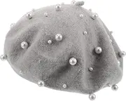 [CALLARON] British Beret Hat Faux Embellishments Imitation Wool Women Vintage Beanie Cap Elegant Accessory Soft Design for Daily Wear Special Occasions Light Grey