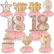 Pink Rose Gold 18th Birthday Honeycomb Centerpieces Decorations for Girl, 9Pcs Rose Gold Happy 18th Birthday Table Centerpieces Party Supplies, Eighteen Year Old Birthday Table Toppers Sign Decor