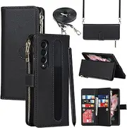 Cavor for Galaxy Z Fold3 5G Case 7.6 inch PU Leather Folio Flip Wallet Back Cover Magnetic Case with S-Pen Holder Long Shoulder Lanyard Zipper Coin Purse 9 Card Slots Kickstand Wristlet Strap-Black