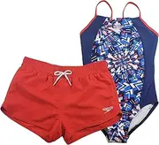 [Speedo] Girls Thin Strap One Piece Suit and Shorts Set (Red White Blue, X-Small)