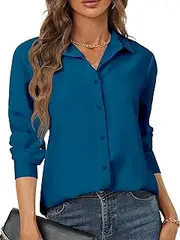 [hearain] Women's Button Down Shirts Soft Polyester Chiffon Long Sleeve Shirt Fold Pleated Back Solid Workwear XS-XXL