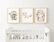 Set of 3 8x10 Unframed Forest Animal Nursery Art Prints