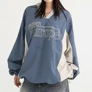 Puff Sleeve V-Neck Color-Block Lettering Print Loose-Fit Pullover Light Blue - S
