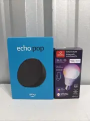 Amazon Echo Pop Alexa Black Charcoal New w/ Globe LED Smart Bulb Color Changing