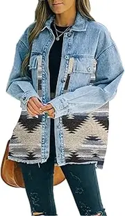 [Haellun] Women's Aztec Shacket Distressed Lapel Long Sleeve Button Down Jean Denim Jacket Coat