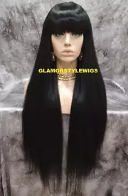 43" FULL WIG EXTRA LONG STRAIGHT LAYERED WITH BANGS OFF BLACK HEAT OK NWT