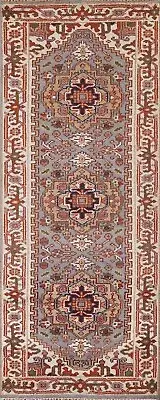Geometric Heriz Serapi Runner Rug 2' 8" x 7' 11" Light Blue/ Ivory Handmade Rug