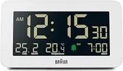 Braun Digital Alarm Clock with Date, Month and Temperature Displayed, Negative LCD Display, Quick Set, Crescendo Beep Alarm in White, Model BC10W.