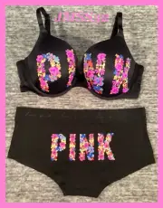 Victoria's Secret Pink Floral Logo Push Up Bra + Shortie Panties Set 38DD XL NWT