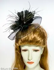Kentucky Derby Ladies Mini Fascinator Blk Or Wht Headband Hat W/ Feather Flower