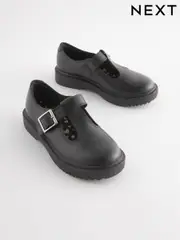 Matt Black Leather T-Bar Chunky School Shoes (357765) | $70 - $85