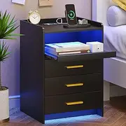 Dystler Nightstand with Wireless Charging Station Bedside Table with RGB Light & Human Sensor Design 3 Drawers LED Modern Night Stand End Table for Bedroom Livingroom Office, Black